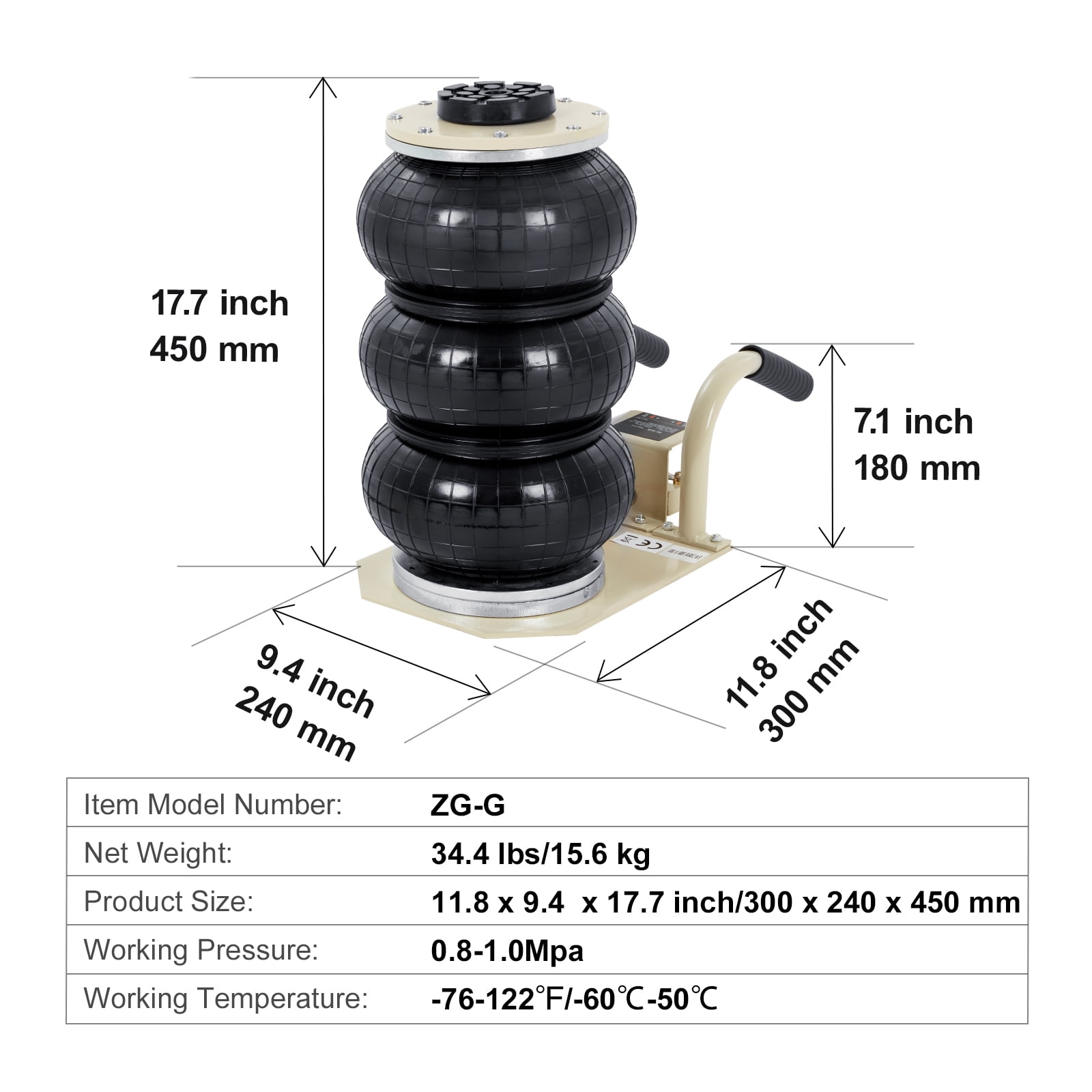 VEVOR Air Jack, 3 Ton/6600 lbs Triple Bag Air Jack, Airbag Jack with Six Steel Pipes, Lift up to 17.7 inch/450 mm, 3-5 s Fast Lifting Pneumatic Jack, with Short Handles for Car Repair, (white)