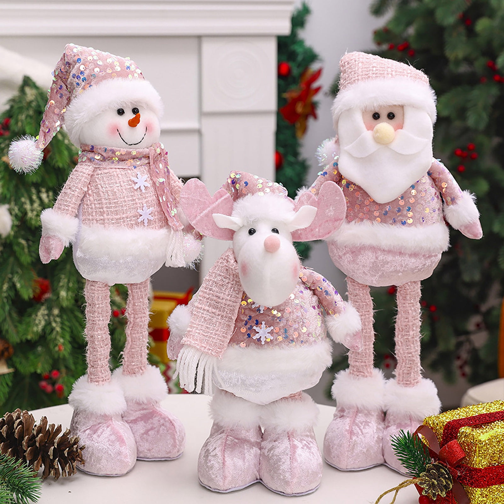 BAETEUY Christmas Plush Doll, Pink Sequined Santa Claus, Snowman, Elk, Doll, Stuffed, Xmas, Plush, Figurine, Telescopic, Legs, Home, Decor