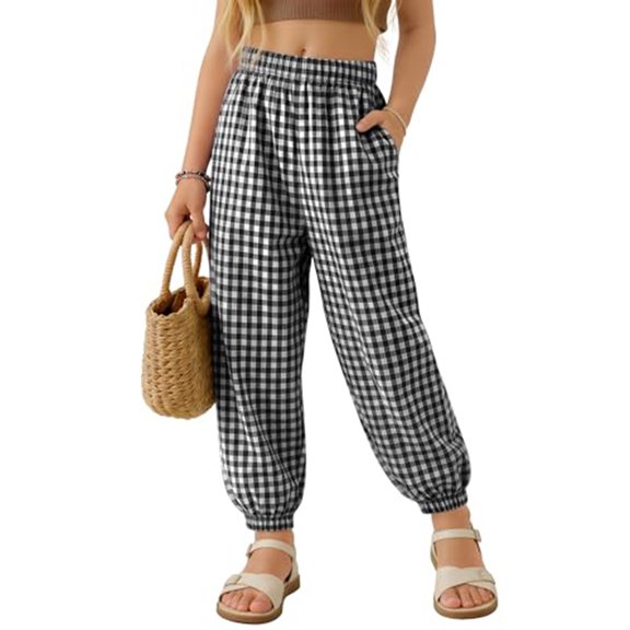 Dwellite Girls Pants Summer Casual Elastic High Waist Plaid Trousers with Pockets 1-10 Years Black 130