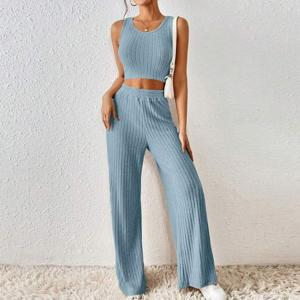 Conjunto de pantalón largo para mujer conjunto informal de 2 piezas de verano traje de vacaciones con cintura elástica Hugtrwg Para estrenar