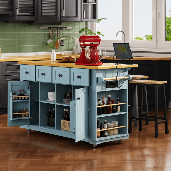 K&K 53inch Large Kitchen Island with Drop Leaf,Power Outlet,Door Internal Storage Rack,Rolling Kitchen Cart on 5 Wheels with 5 Open Side Racks for Kitchen