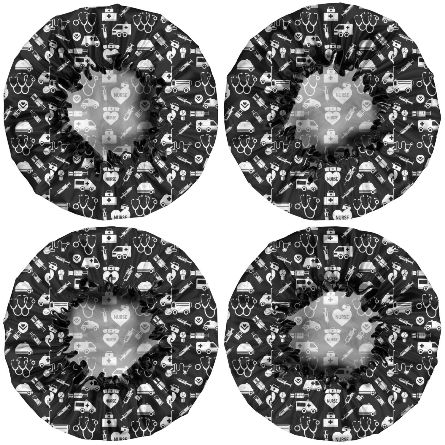 Shower Caps,Black White Medical Symbol Pattern Waterproof Shower Cap for Women 4 Pieces,Double Reusable Hair Cover for Shower PEVA Elastic Stretch Hem