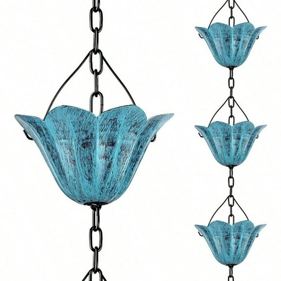 Rain Chains for Gutters Outside 8.5FT Rain Catcher Chain with 12 Blue Tulip Cups Decorative Replacement for Downspout
