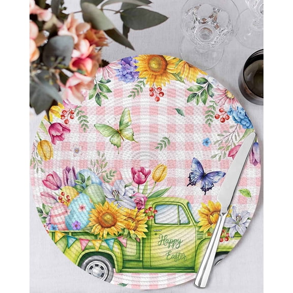 15 Inch Round Placemats Set of 4, Spring Easter Non Slip Heat Insulation PP Table Mats, Colorful Eggs Floral Truck Butterflies Pink Plaid Washable Place Mats for Kitchen Dining Party Table Decor