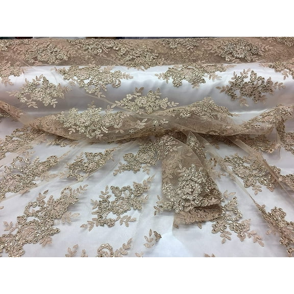 Decorative Silk Sequin lace Fabric with embroderies on mesh VT-012 (1 Yard, Metallic Gold)