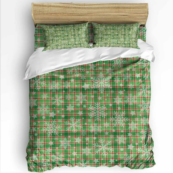 Christmas Full Size Comforter Set, Star Winter Snowflakes Green Plaid Rustic Soft Bedding for All Seasons, 4 Pcs Bed Set with 1Comforter (86"x86") ,1 Sheet(80"x116"), 2 Pillowcases (19"x29")