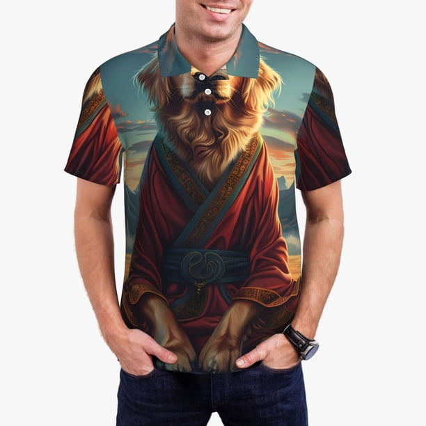 Fotbe Meditating Golden Retriever Camiseta Polo de Golf para Hombre con Estampado – Camisa Deportiva Transpirable con Cuello Abotonado-Large