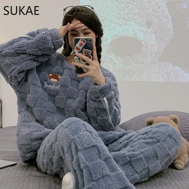 SUKAE-Conjunto de Pijama de terciopelo chino para mujer, ropa de dormir  supergruesa, elegante, coreana, de peluche, térmica