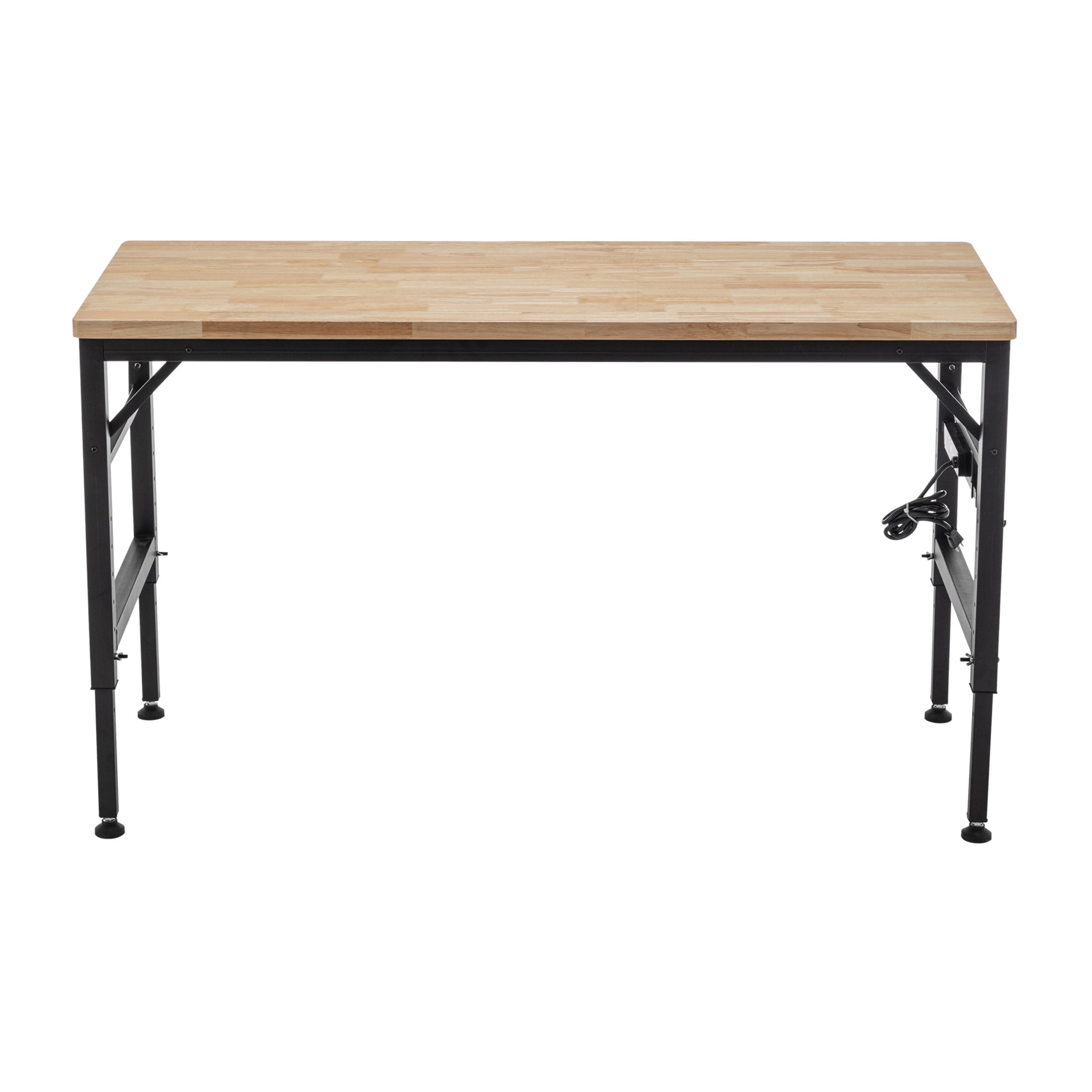 Noble House 60" Heavy-Duty Adjustable Workbench with Thick Rubber Wood Top, Hardwood Workstation, Black & Natural
