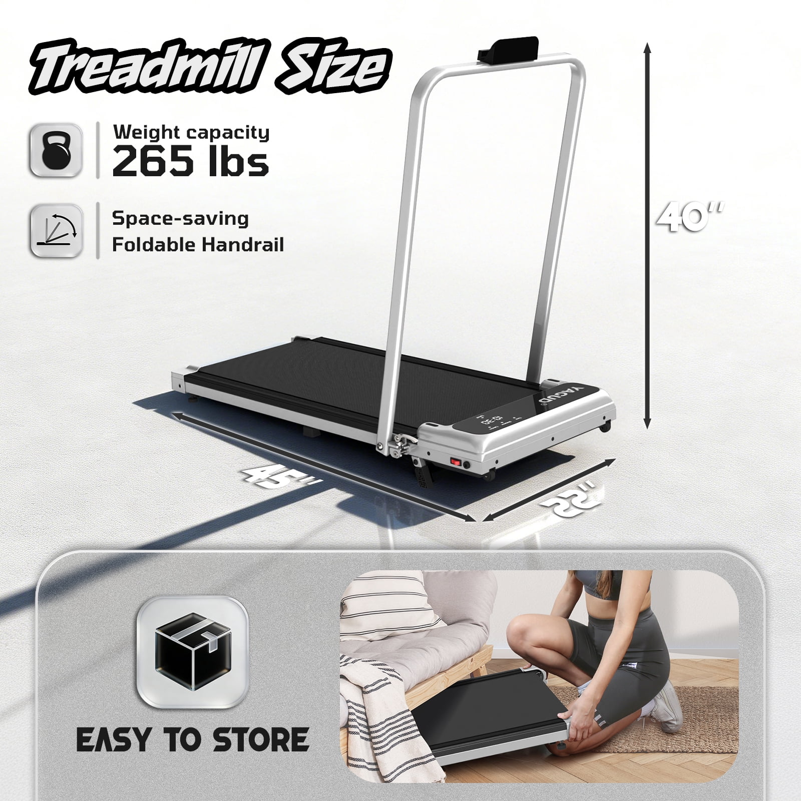 Yagud Walking Pad Treadmill with Handle Bar and Adjustable Incline, 3.8HP Portable Electric Treadmills with Wheels for Home, Home Treadmills with Incline, 0.5-3.8MPH, Silver
