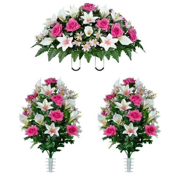 Sympathy Silks Artificial Cemetery Flowers White Calla Lily and Pink Rose Saddle and 2 Bouquets