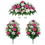 Sympathy Silks Artificial Cemetery Flowers White Calla Lily and Pink Rose Saddle and 2 Bouquets