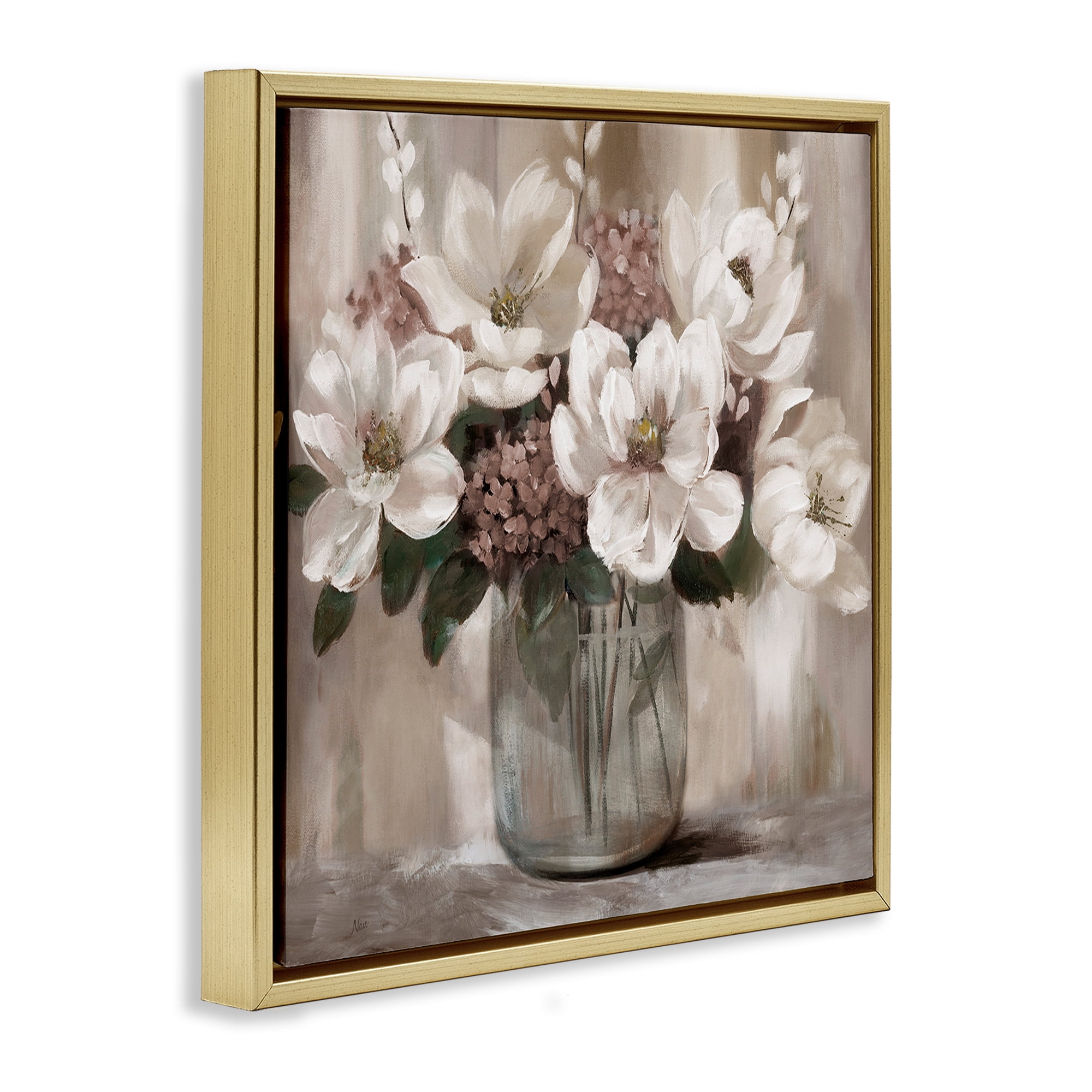 Stupell Industries Ivory Magnolias Vase Gold Framed Floater Canvas Wall Art, design by Nan