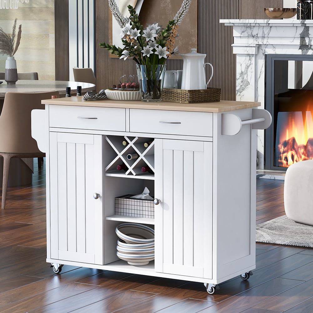 Kadyn Kitchen Island Cart, Kitchen Cart with Two Storage Cabinets and Four Locking Wheels, Kitchen Cart Cabinet with Wine Rack and Two Drawers, White Kadyn Kitchen Island Cart, Kitchen Cart with Two Storage Cabinets and Four Locking Wheels, Kitchen Cart Cabinet with Wine Rack and Two Drawers, White