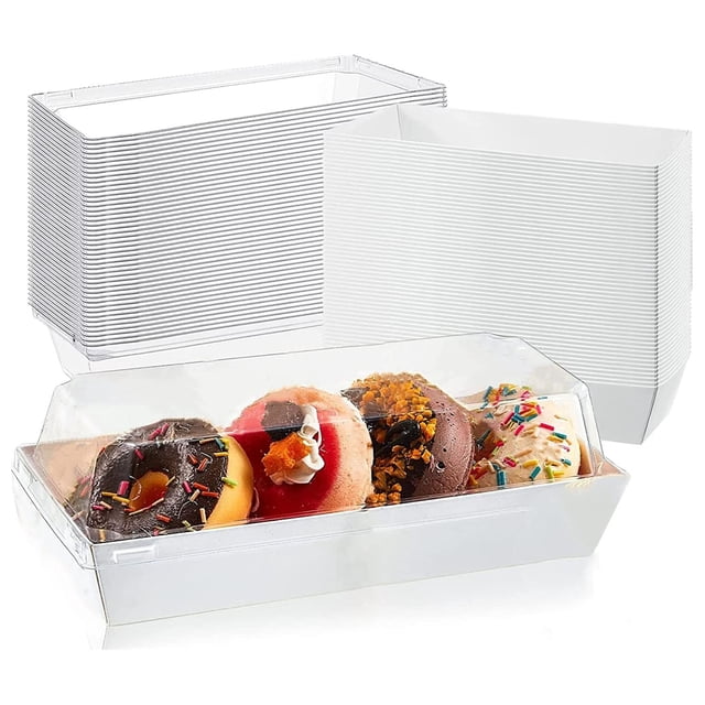 Paquete de 50 cajas de papel con tapas transparentes, envases de comida desechables blancos, cajas de sándwich, cajas de panadería para rollo de pasteles, fresas, galletas