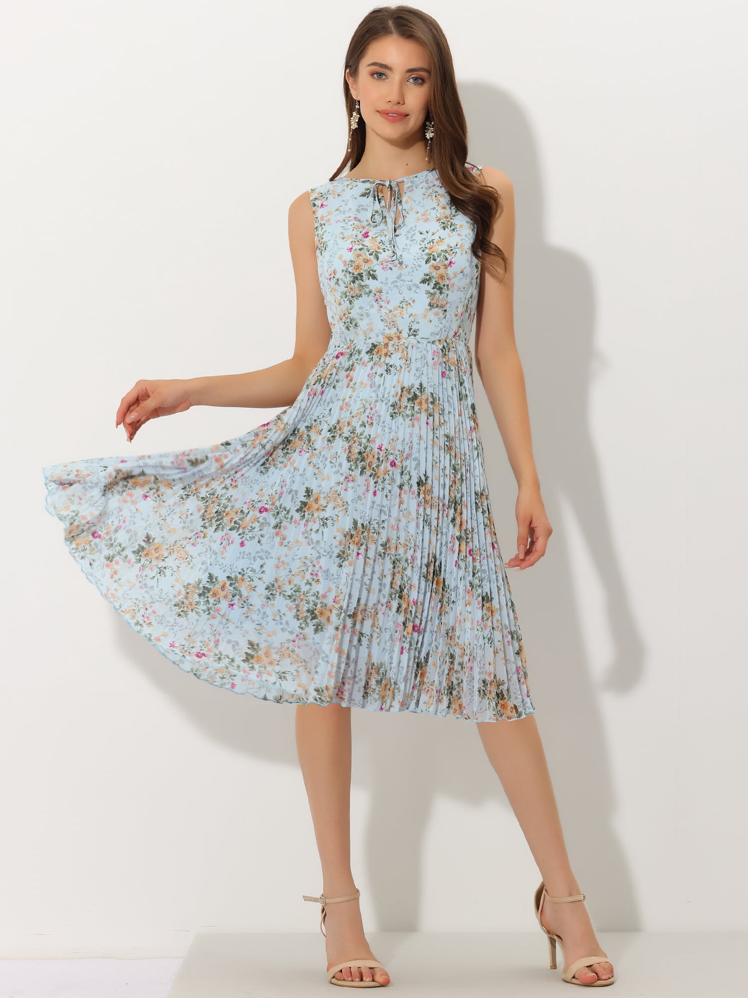 DARING DIVA Floral Print A-Line Knee Length Sleeveless Pleated Dress L Blue
