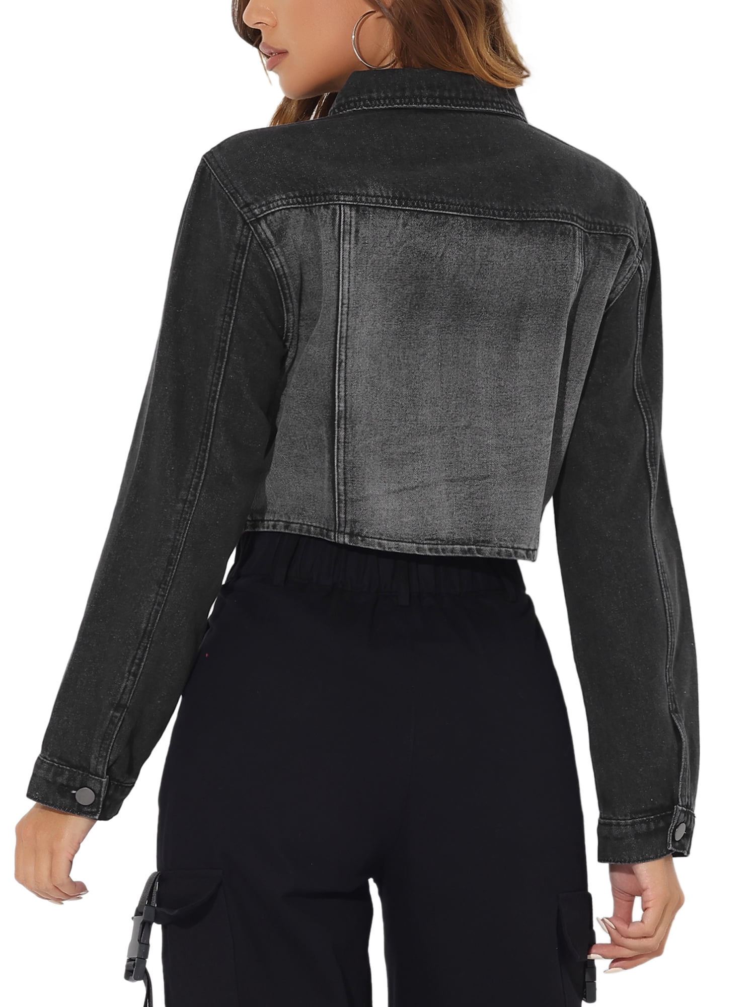 INSPIRE CHIC Denim Jacket for Women's Casual Zip Up Cropped Washed