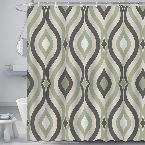 Sage Green Striped Shower Curtain 72x72 Inches Geometric Groovy 70s Abstract Retro Lines Shower Curtain Set Modern Minimalist Waterproof Polyester for Bathroom Deocr with 12 Hooks