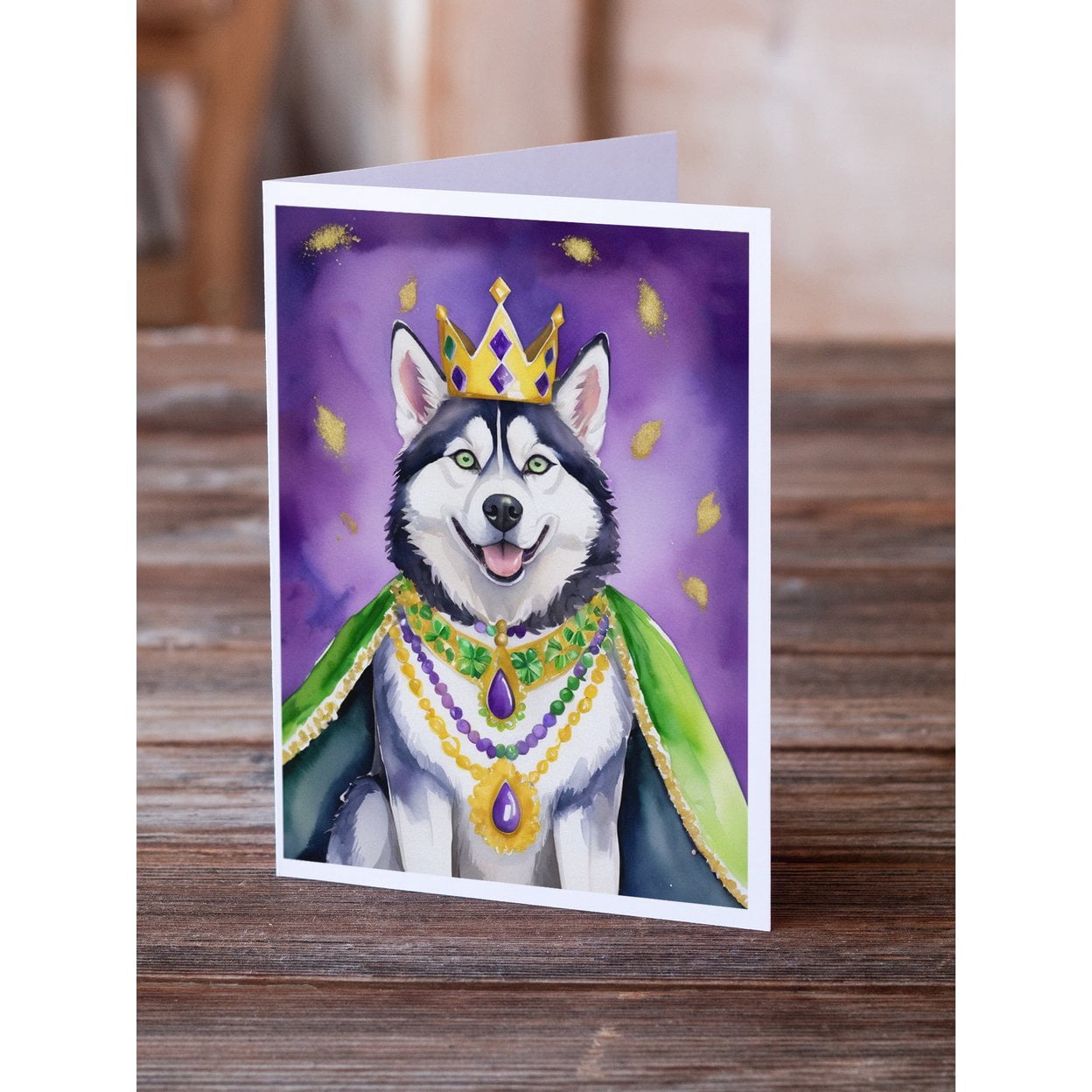 Siberian Husky King of Mardi Gras Greeting Cards Pack of 8 7 in x 5 in