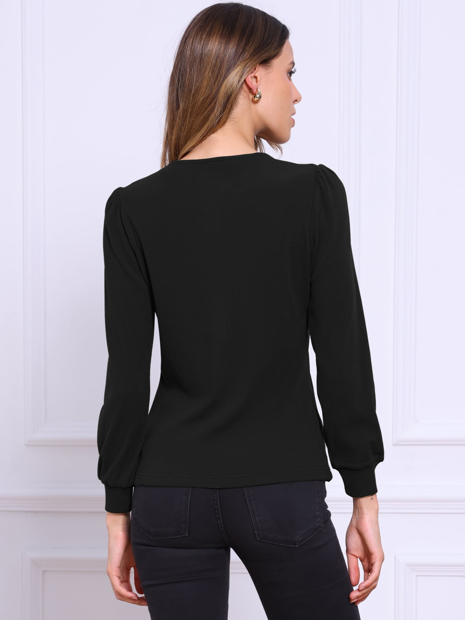DARING DIVA Women's Long Sleeve Henley Crew Neck Tops Shirt Blouses S Black