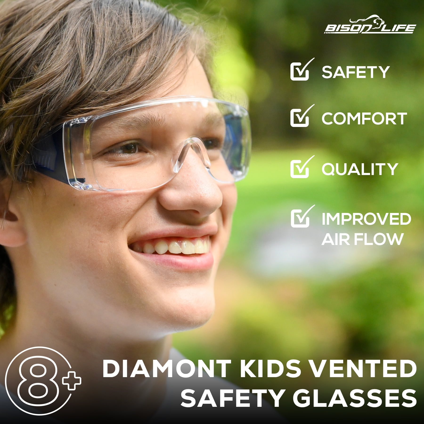 BISON LIFE Diamont Kids Over Glass Safety Glasses, 6 Pack, ANSI Z87.1, Youth Protective Goggles, Red, Green & Blue Temples