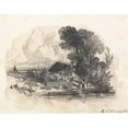 thumbnail image 2 of Richard Parkes Bonington 24x20 Gold Ornate Framed and Double Matted Museum Art Print Titled - Trees and a Cottage by a River (1827), 2 of 4