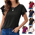 thumbnail image 4 of Camisa de manga corta abombada para mujer, cuello redondo, Top con ojales de ganchillo, suave, informal, para uso diario, oficina, escuela, compras, 4 of 6