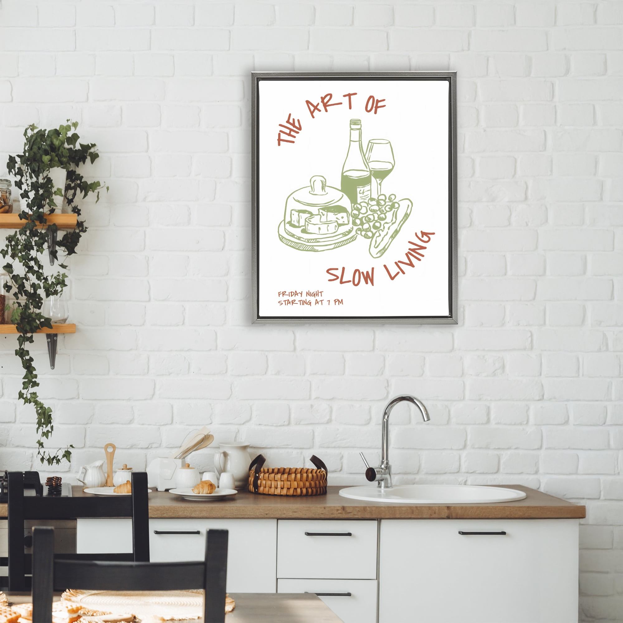 Stupell Industries Slow Living Wine & Cheese Gray Framed Floater Canvas Wall Art, design by The Prints Vibe