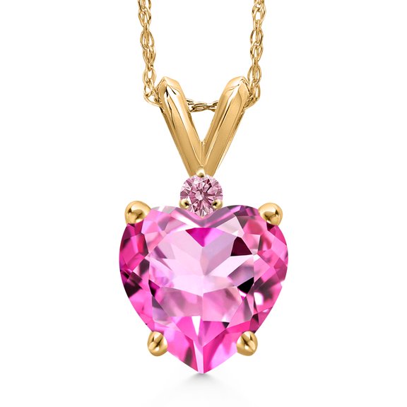 Gem Stone King 14K Yellow Gold Pink Mystic Topaz and Pink Lab Grown Diamond Pendant Necklace for Women | 2.44 Cttw | Gemstone November Birthstone | Heart Shape 8MM | With 18 inch Chain