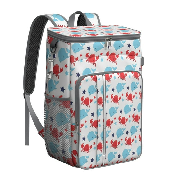 Nautical Shark and Whale Backpack Cooler, Insulated Leakproof Cooler Bag, Waterproof Lunch Backpack for Boaters, Beachgoers, Travelers