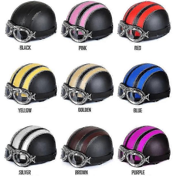 Motorcycle Scooter Open Half-face Leather Helmet With Anti-uv Goggles Retro Vintage Style 54-60cm