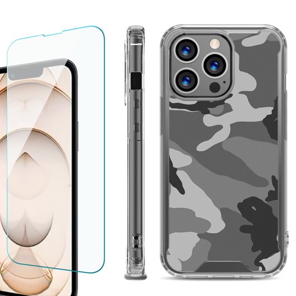 Shockproof Bumper Phone Case for iPhone 13 Pro Max, with Tempered Glass Screen Protector, by OneToughShield ® - Camo B/W