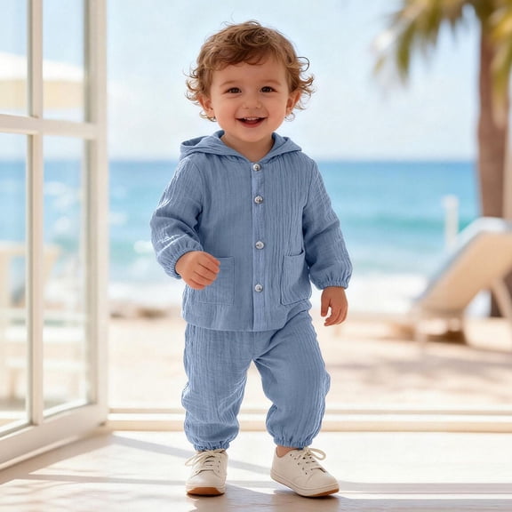 Glisme Boys Clothes Long Sleeve Outfits Tops Pants Round Neck Solid Color 2 Pieces Set Relax Fit Toddler Playsuit Blue