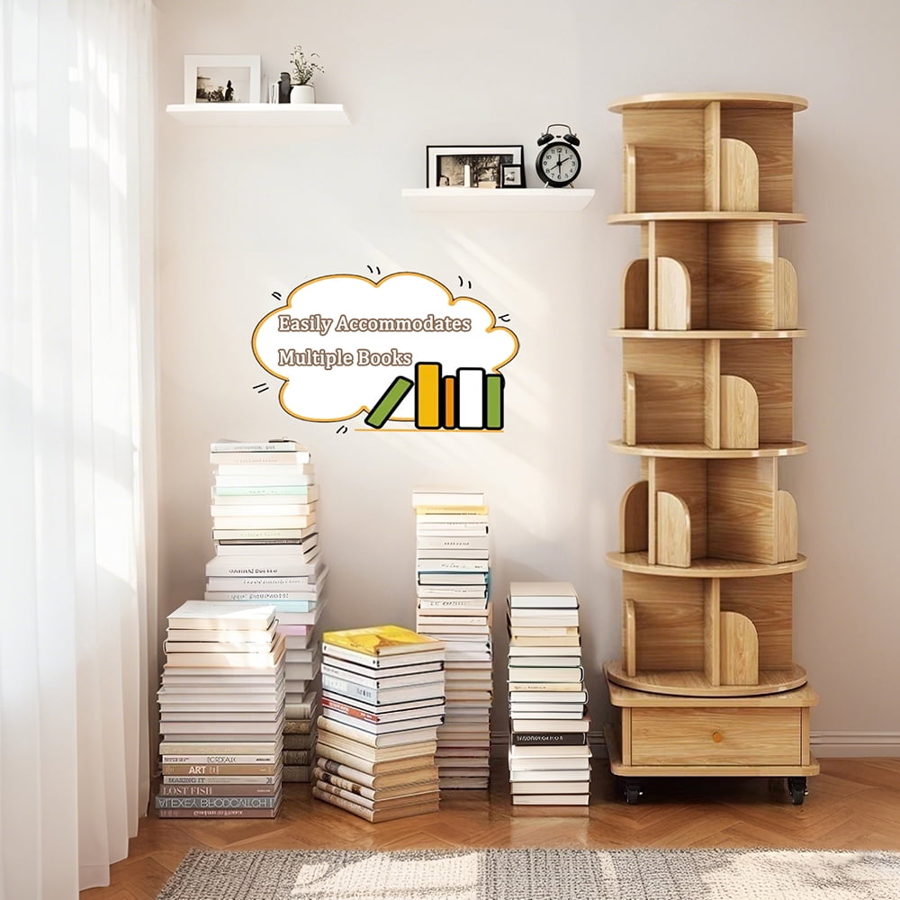WARMMUSE 6 Tier Rotating Bookshelf, 360 ° Display Spinning Round Floor Standing Bookcase with Wheels and Drawer  for Bedroom, Living Room, Natural