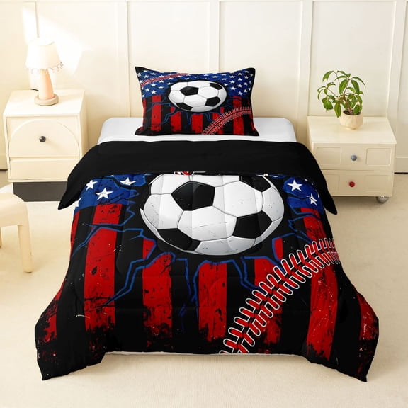 Manfei Soccer Football Twin Comforter Sets,Patriotic Us Flag Bedding Set,Red White,Black Reversible,2pcs,1 Comforter and 1 Pillowcase