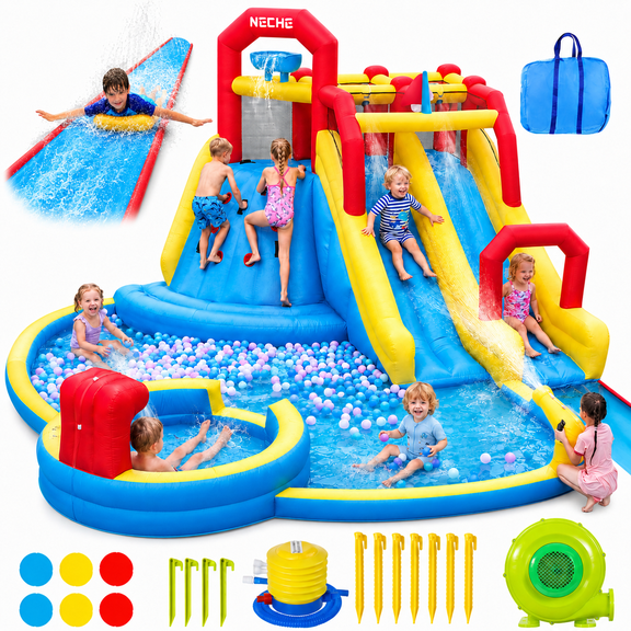 Neche 222" Giant Large Inflatable Water Slide Bounce House With 750W Blower, Splash Pool, Backyard Water Park for Kids Ages 3-8, Max 500lbs, Indoor & Outdoor Use