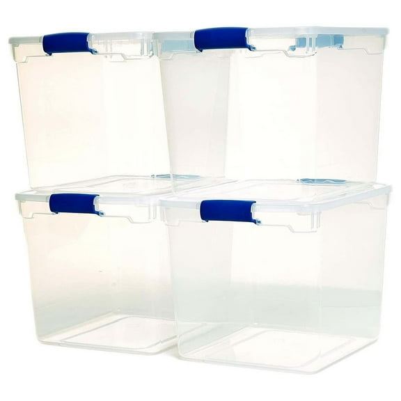 Open Box HOMZ 4-Pack 31 Qt Latching Lid, Home & Office Clear Plastic Storage Organizer Bins, Blue