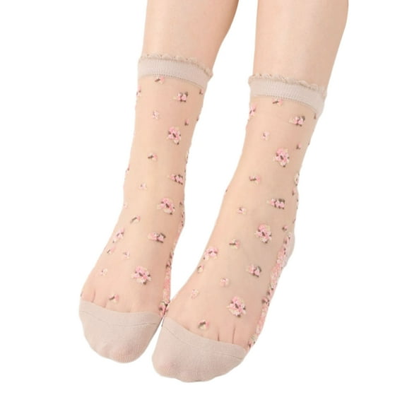 Women's Socks - Ladies Summer Sheer Floral Stockings Soft Breathable Short Socks for Casual Comfort and Stylish Daily Wear,Beige