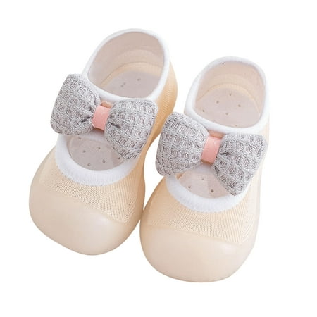 

Baby Shoes Size 24 For 18 Months-24 Months Boys First Walkers Cute Bowknot Soft Antislip Wearproof Socks Crib Prewalker Kids Sneakers Beige