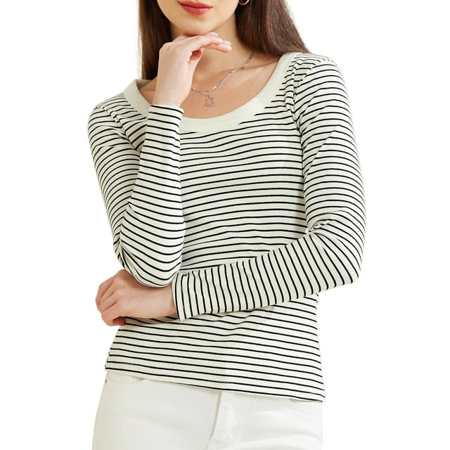 Camisa a rayas INSPIRE CHIC para mujer, blusa básica de cuello redondo de manga larga, blanca, talla L