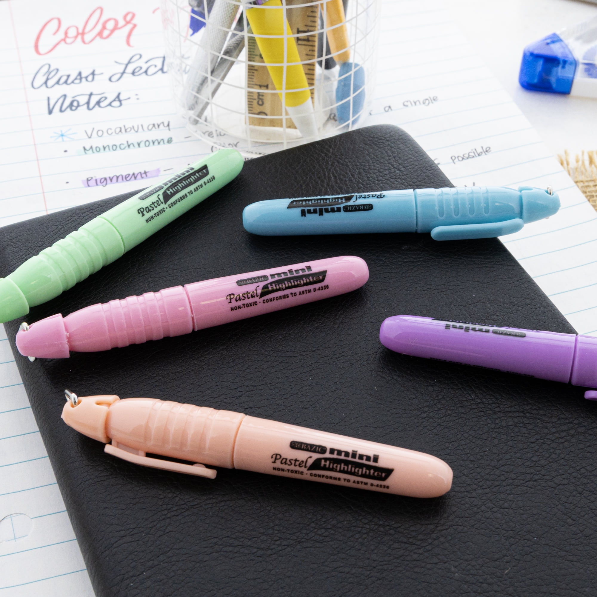 BAZIC Mini Highlighter Pen Pastel Color, Chisel Tip Broad Fine Line Highlighters Unscented (5/Pack), 24-Packs
