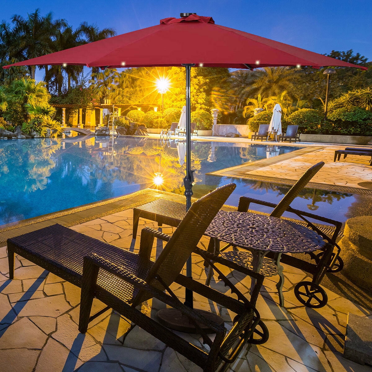 9 ft led patio umbrella wikiwiki 9ft Solar Umbrella, Sturdy Outdoor Market for Deck, Pool, Garden w/Tilt, Crank, 32 LED Lights, Navy Blue : Patio, Lawn & Garden and everyday wear HaiNova 9ft Solar Patio Umbrella,