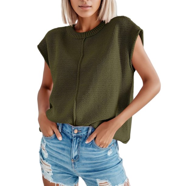 Camiseta de punto sin mangas, cuello redondo, informal y lisa para mujer - Jersey de poliéster