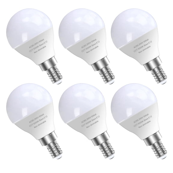 6 Pack Bright Ceiling Fan Light Bulbs, 120V 6 Watts (60 Watts Equivalent), 5000K E12 A15 Shape Candelabra Base Chandelier Led Bulb, Non-Dimmable