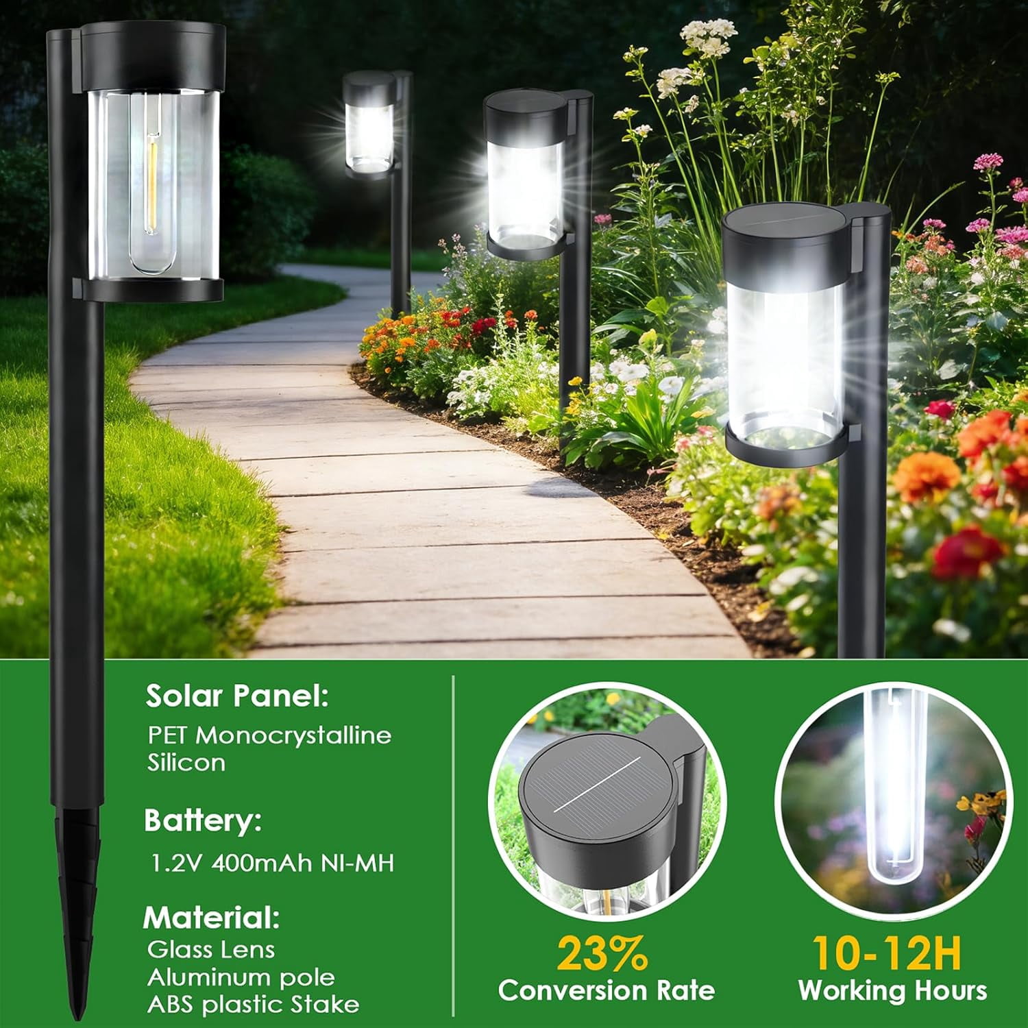 Solar Pathway Lights Outdoor, Metal & Glass Solar Lights Outdoor Waterproof Landscape Path Lights for Yard Walkway Garden Decor