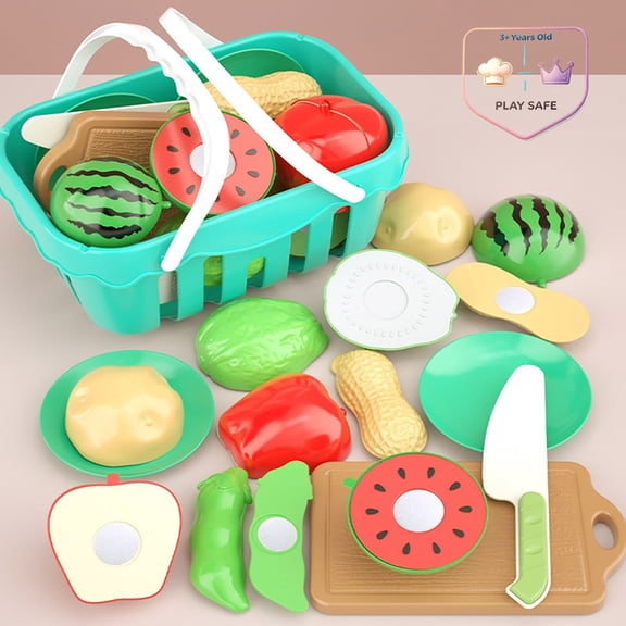 Qocolcyl Magnetic Cutting Play Fruit Vegetable Set with Handheld Storage Basket Cutting Board Knife Plates,Sliceable Pretend Food Shopping Role Play Toy for Toddlers Kids Boys Girls Play Kitchen Gift