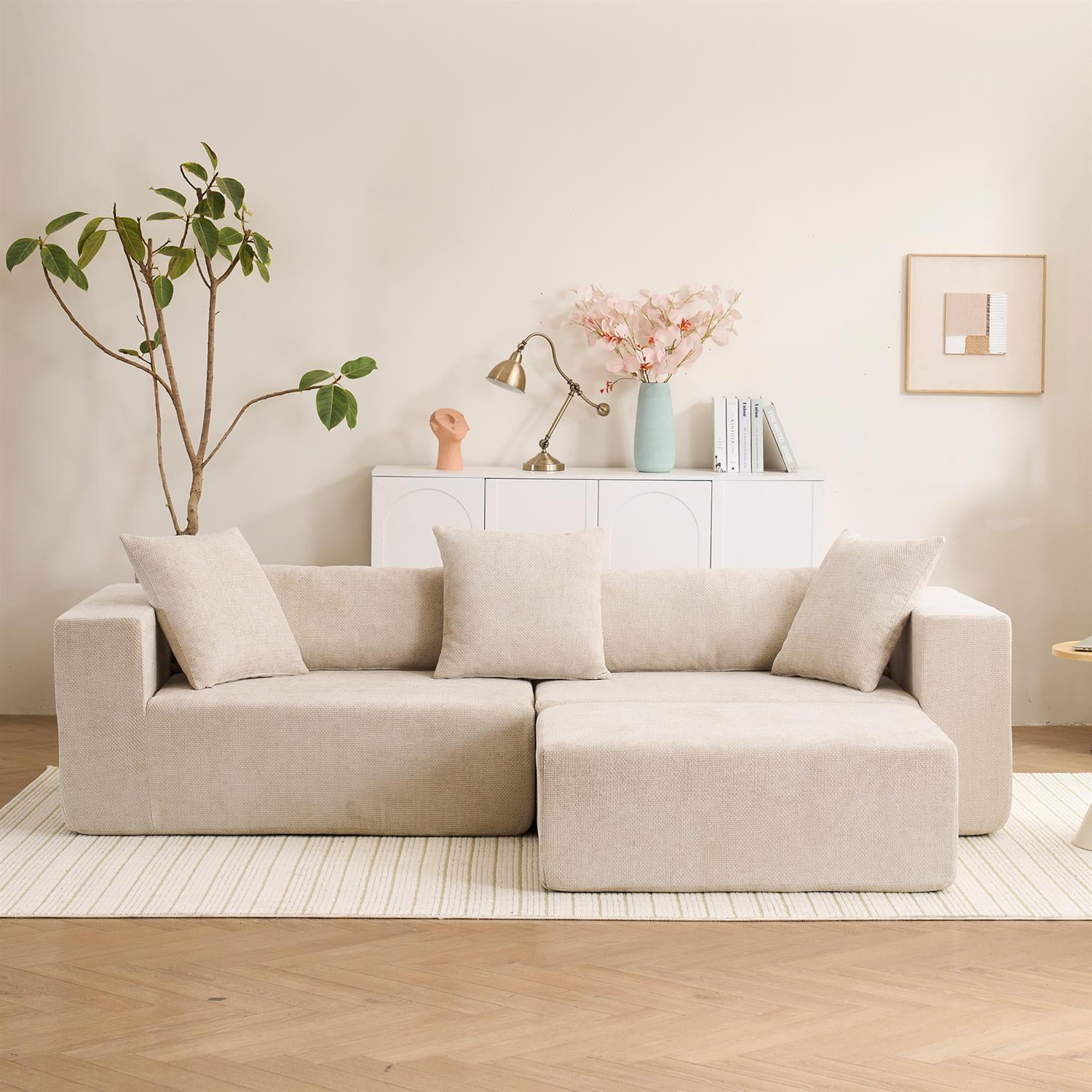 Demi Bonn 105" L-Shaped Modular Sofa Set, Soft Chenille Fabric Cloud Couch Lounge Chair for Living Room, Bedroom, No Installation Needed, Beige