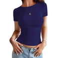thumbnail image 2 of Womens Basic T Shirts Summer Short Sleeve Crewneck Slim Fit Cute Crop Tops Navy Blue S, 2 of 7