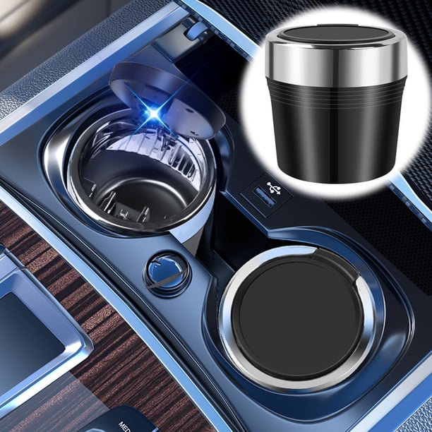 Cenicero automotriz con revestimiento interior de metal y tapa abierta. Cenicero automotriz con luz LED y retardante de llama. Cenicero automotriz de metal.
