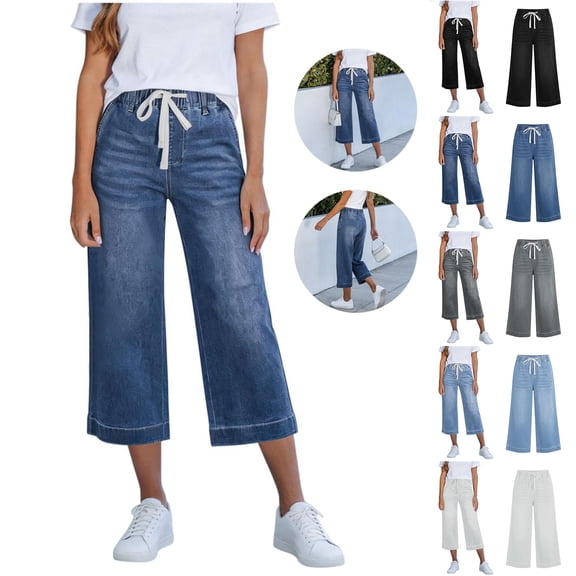 Bloomae Capris Jeans for Women Trendy Wide Leg Capri Pants Drawstring High Waisted Pull On Elastic Waist Summer Stretch Denim Jeans with Pockets